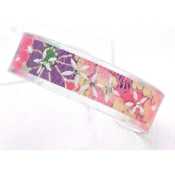 Vintage Lucite Flower Reverse Carved Clear Rhinestone Bangle Bracelet - Picture 1 of 4